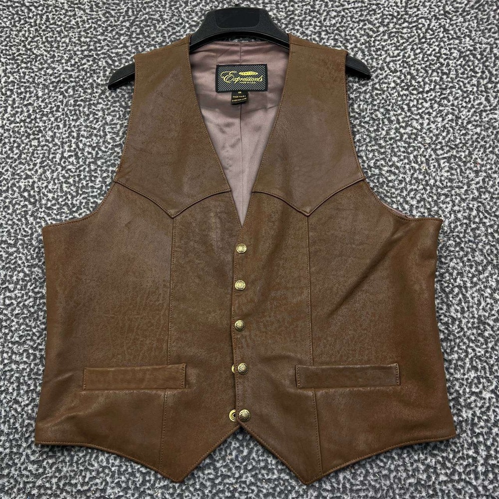 Vintage‎ Expressions Leather Vest Men 44 Brown Motorcycle Button Up Outdoor